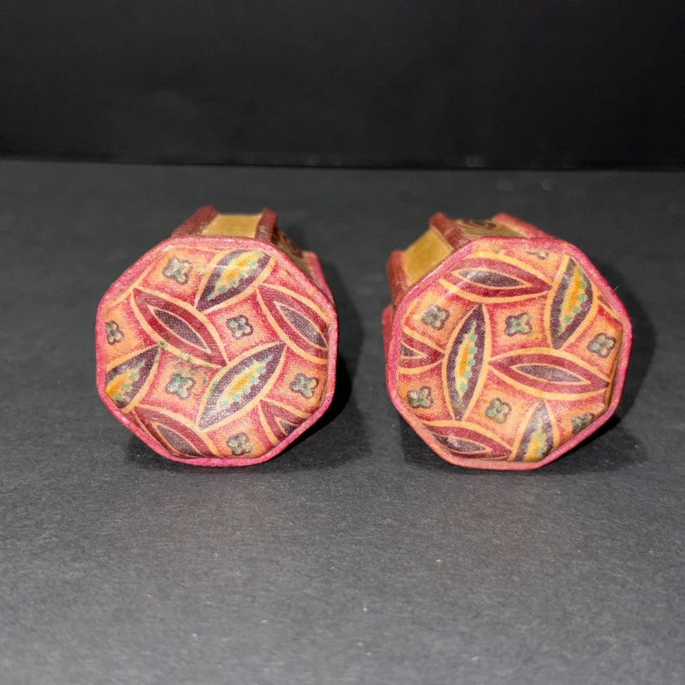 Vtg Leather Wrapped Salt and Pepper Shakers Octagonal Boho Geometric Red Gold